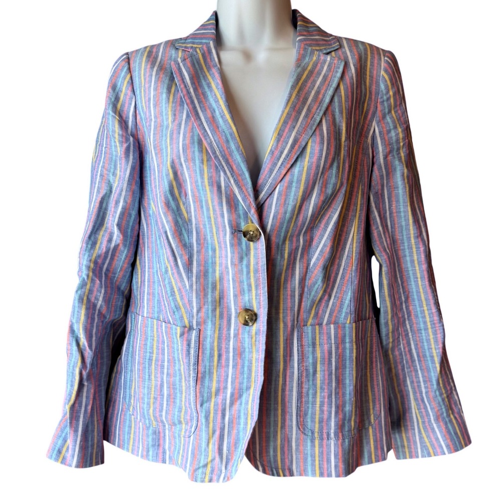 Talbots Linen Blend Blazer Striped Multicolor Lightweight Jacket Size 2